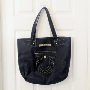 True Religion Black Canvas Tote - 17×13 in - Front Pocket Logo Style